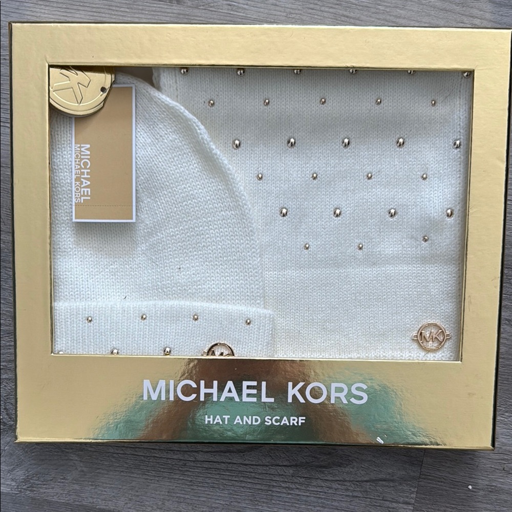 Michael Kors Cream Hat and Scarf Set with Gold Accents